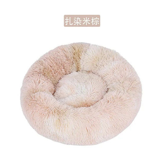 Cama redonda de felpa para gatos y perros, con forma de donut, nido profundo y suave para dormir.
