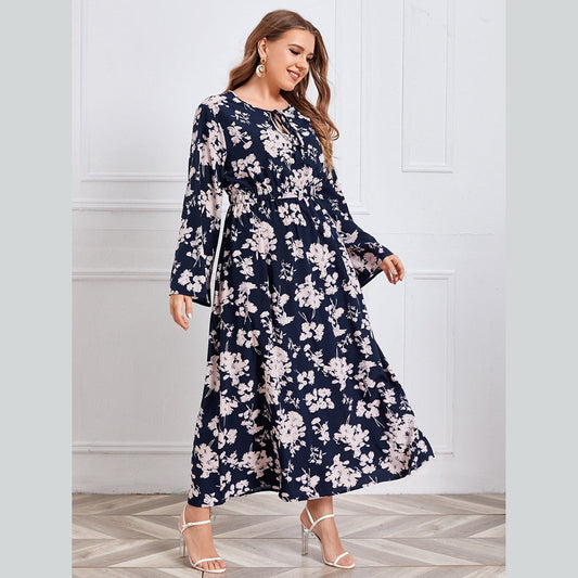 Vestidos de talla grande de manga larga para mujer, holgados, bohemios, cuello redondo, estampado floral Ma