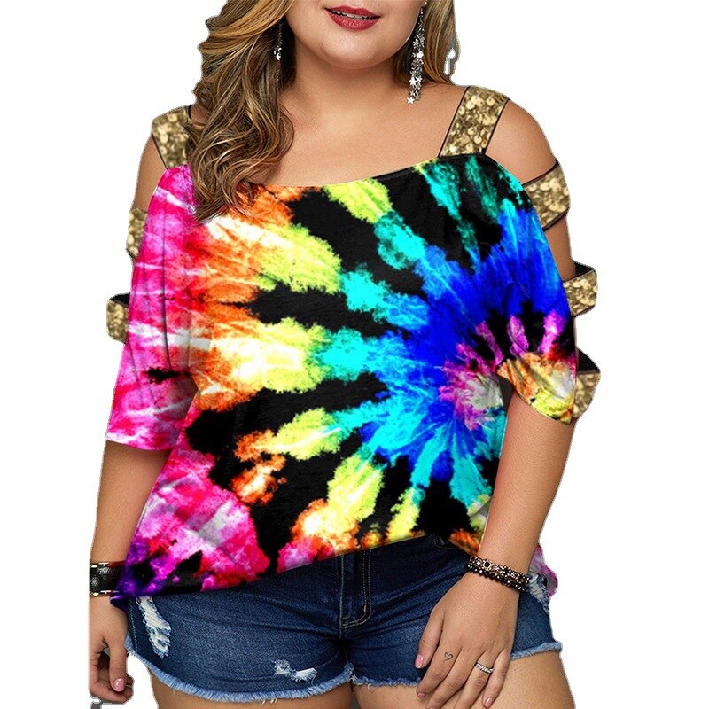 Camiseta de talla grande para mujer, estilo túnica con peplum y mangas recortadas con lazo multicolor