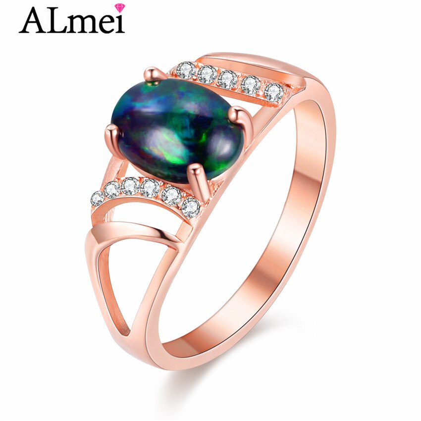 Almei 1ct Black Opal Beads Rose Gold Color Filigree Rings Silver 925 Hollow image 1