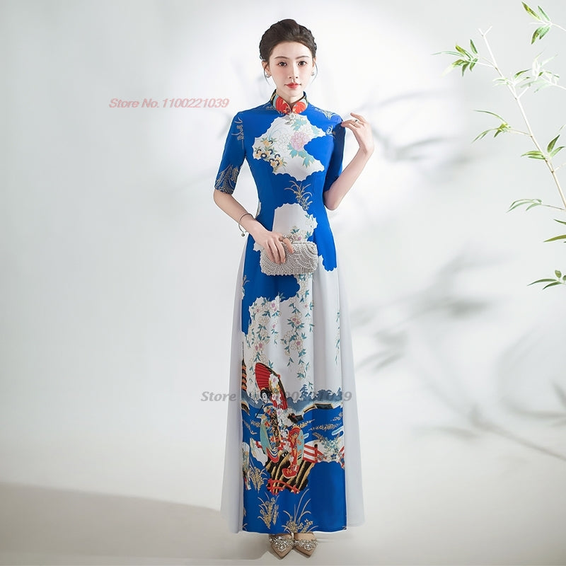 2024 vietnam traditional dress ao dai national flower print cheongsam oriental  image 1