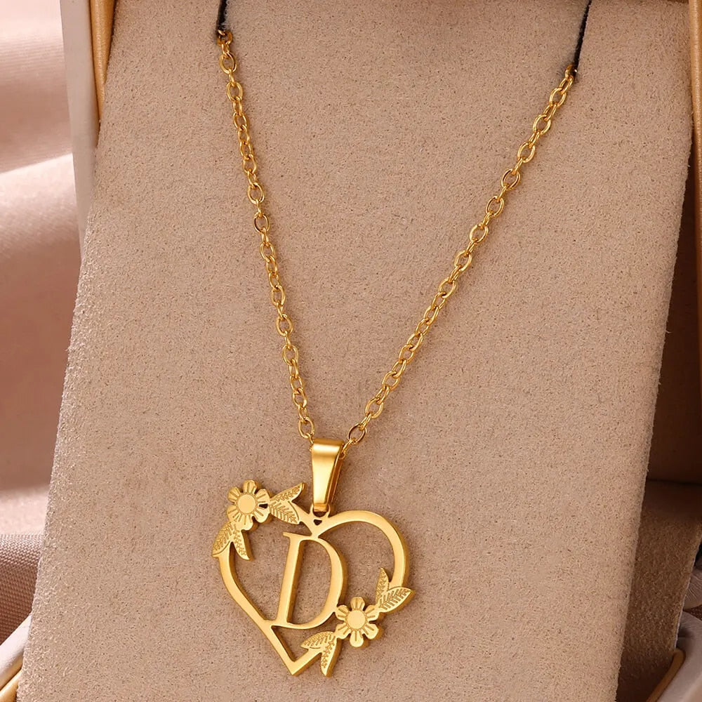 Gold Color Dainty Flower Initials Necklace Women Girl Stainless Steel Heart Let image 2