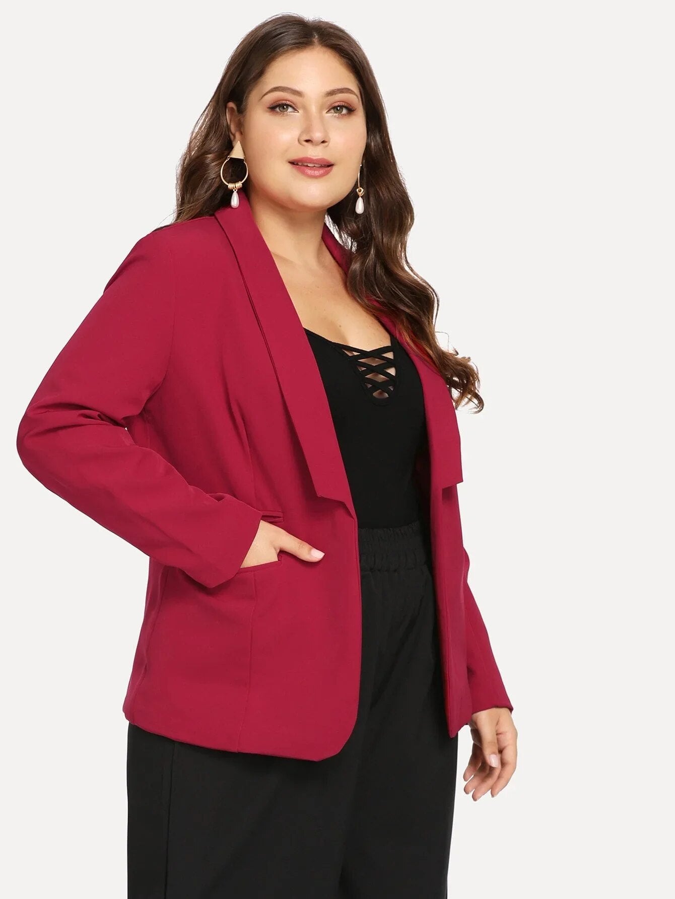 Plus Size Open Front Casual Blazer Women Long Sleeve Pocket Shawl Collar Spring image 3