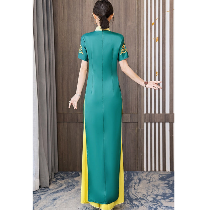 Ao Dai Vietnam Improve Qipao Green Women Fashion Long Chinese Style Two Piece S image 7