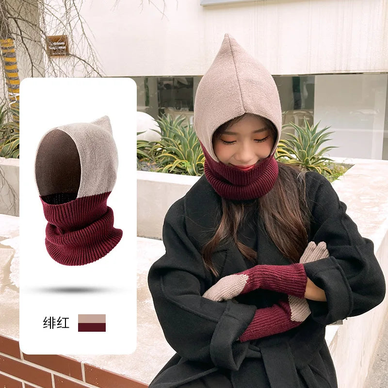 Winter Women Men's Knitted Cotton Hat Scarf Color Matching Two-color Balaclava  image 4