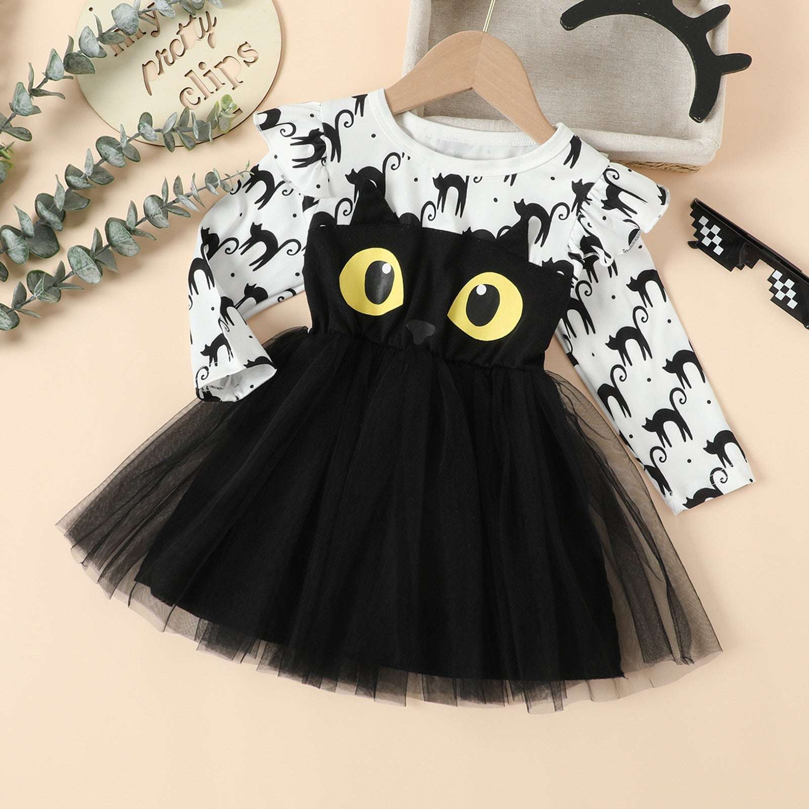 Toddler Kids Girls Infant Long Sleeve Cartoon Halloween Prints Mesh Tulle Princ image 1