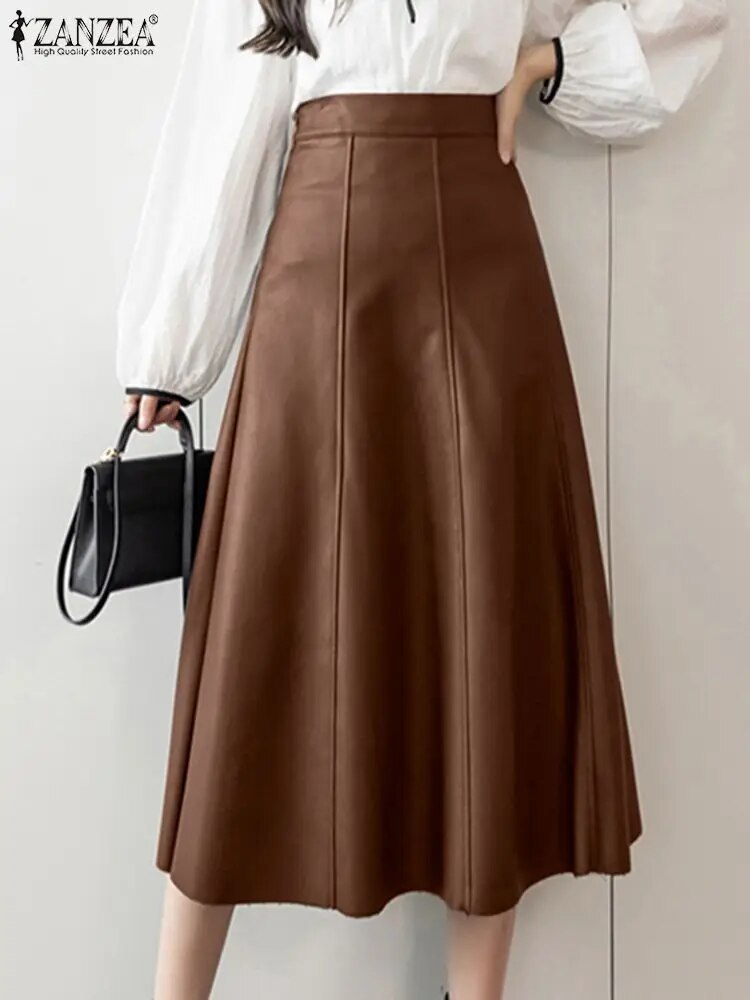 ZANZEA Long Skirt Leather Skirt Fashion High Waist Skirt Women PU Office Lady S image 9