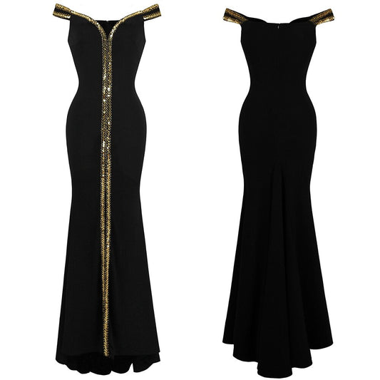Angel-fashions Women's Boat Neck Formal Black Dress Gold Sequin Slit  Evening D image 0