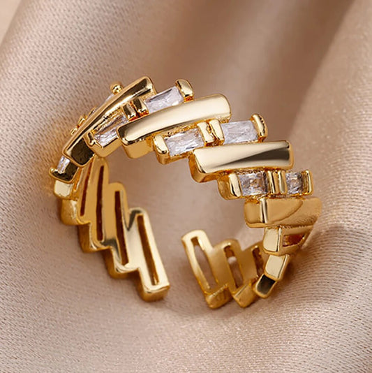 Fashion Gold Color Stainless Steel Rings For Women Chain Hollow Out Crystal Zir image 0