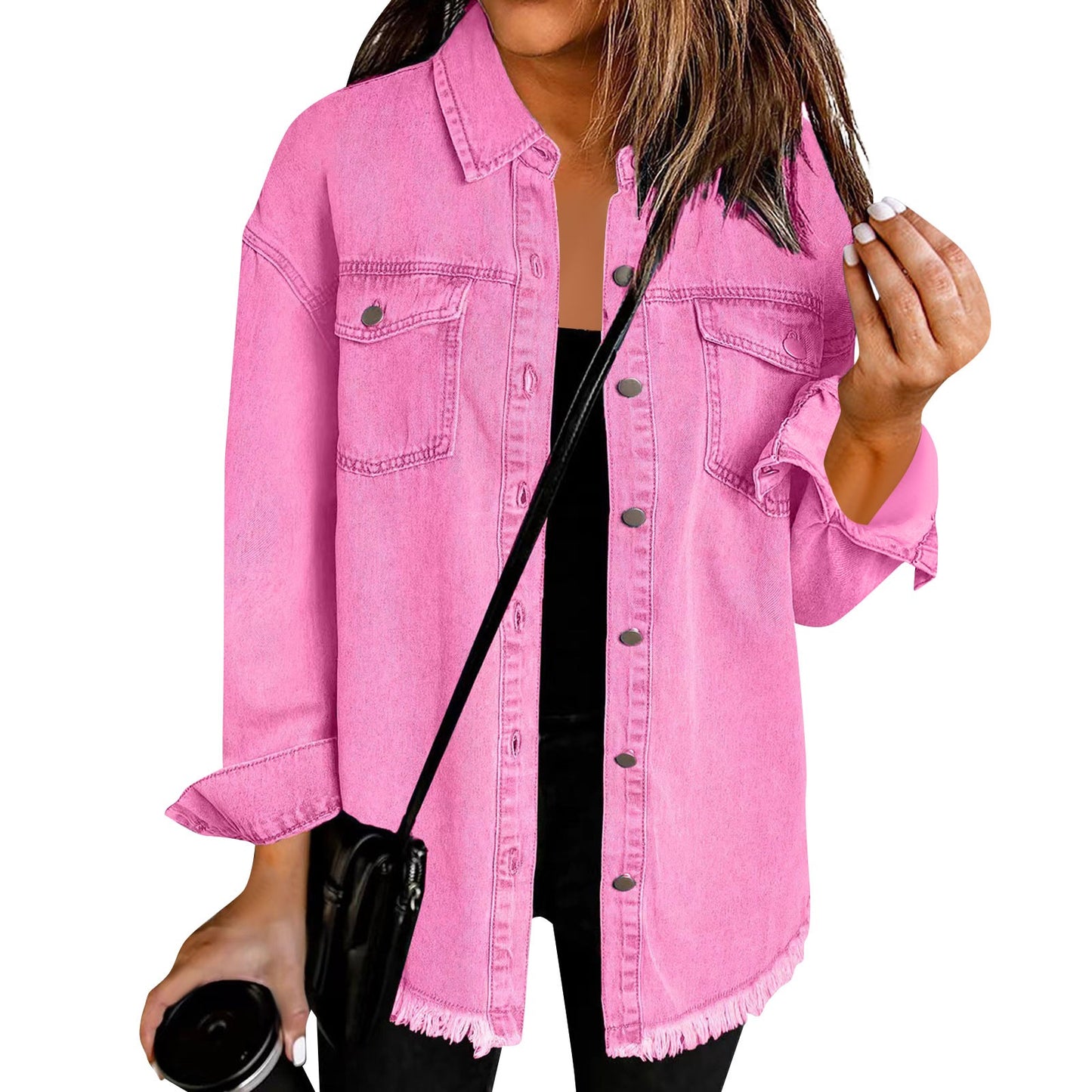 Women'S Fashion Denim Shirt Jacket Milled Hem Button Casual Long Sleeve Jacket  image 9