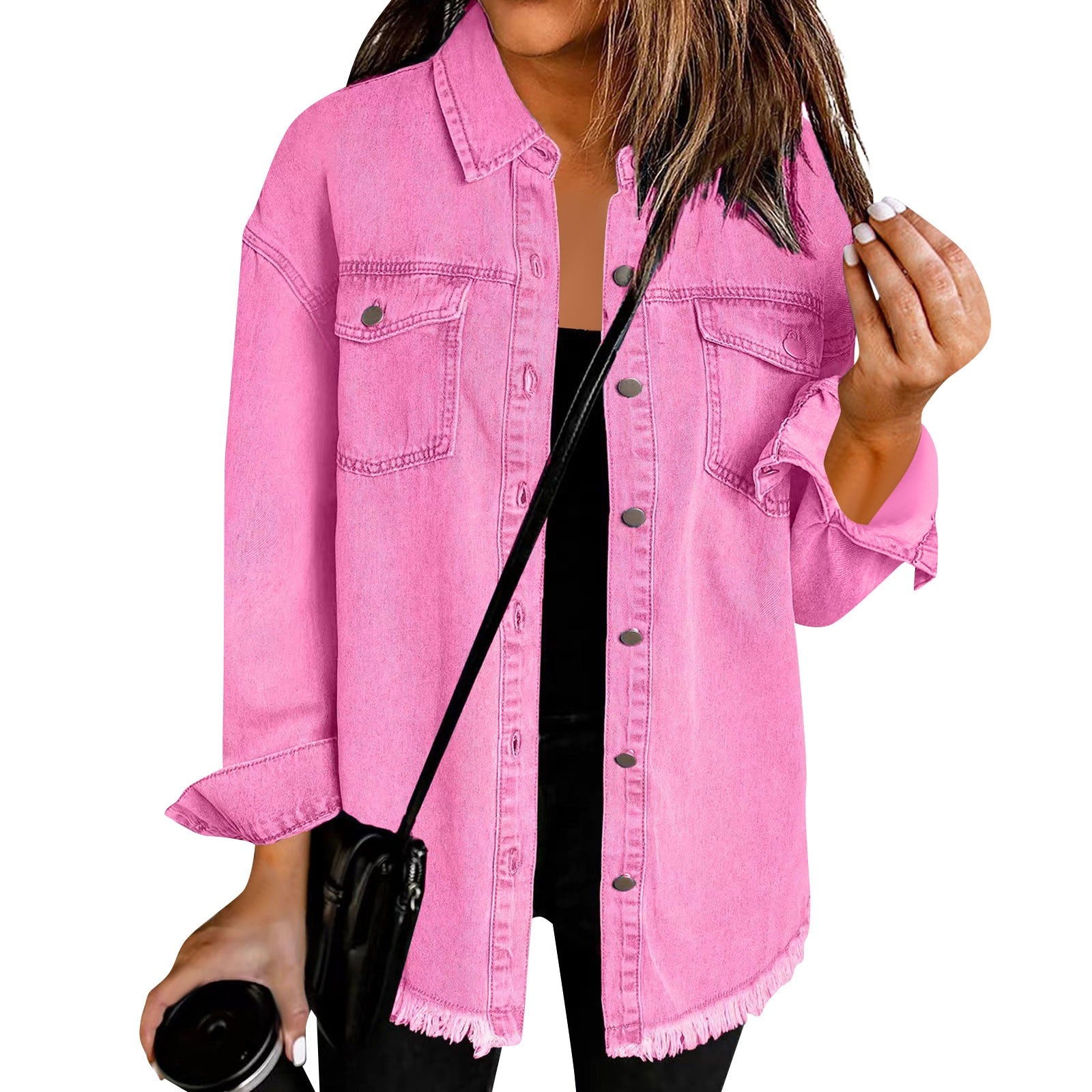 Women'S Fashion Denim Shirt Jacket Milled Hem Button Casual Long Sleeve Jacket  image 9