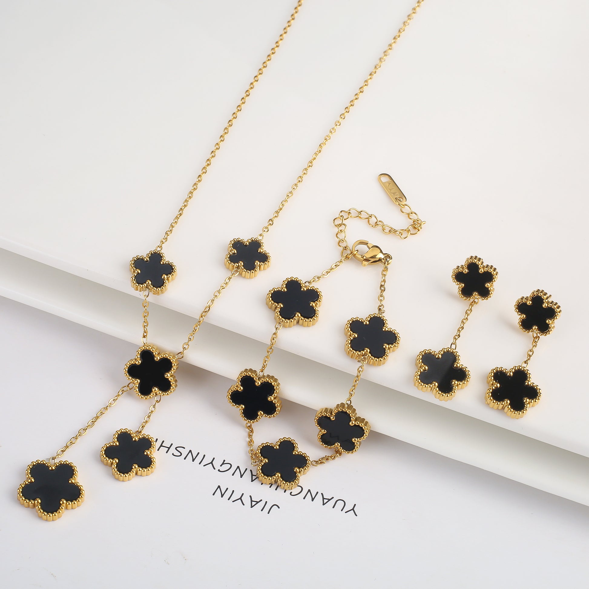 3Pcs 18k Gold-Plated Five-Leaf Flower Necklace Earrings Bracelet Jewelry Set Fo image 19