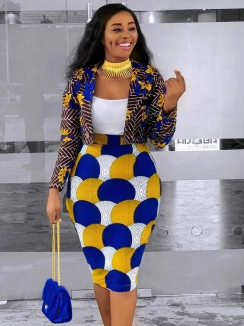 2 Piece Women Set Dashiki African Long Sleeve Two Piece Set Crop Top Suits Midi image 0
