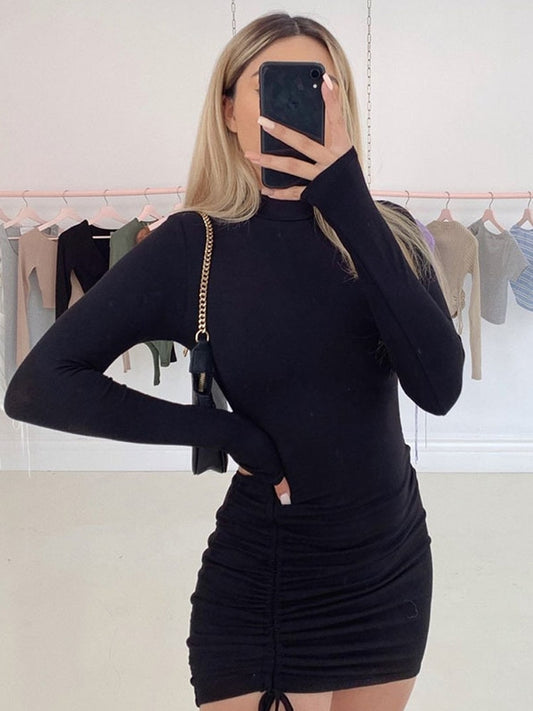Long Sleeve Ruched Bodycon Dress Women Turtleneck Bandage Mini Dresses Autumn B image 0