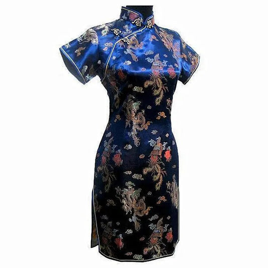 Navy Blue Vintage Chinese Women's Satin Mini Cheongsam Qipao Dress  S M L XL XX image 0