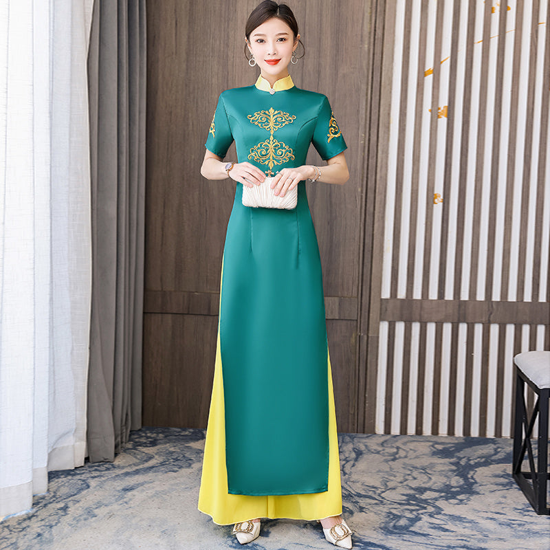 Ao Dai Vietnam Improve Qipao Green Women Fashion Long Chinese Style Two Piece S image 3