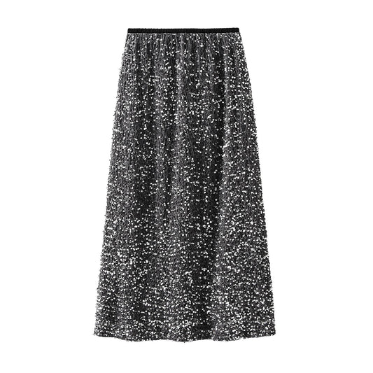 Women Elegant Shiny Sequined Long Skirt Summer Fall Elastic Waist Casual Skirts image 0