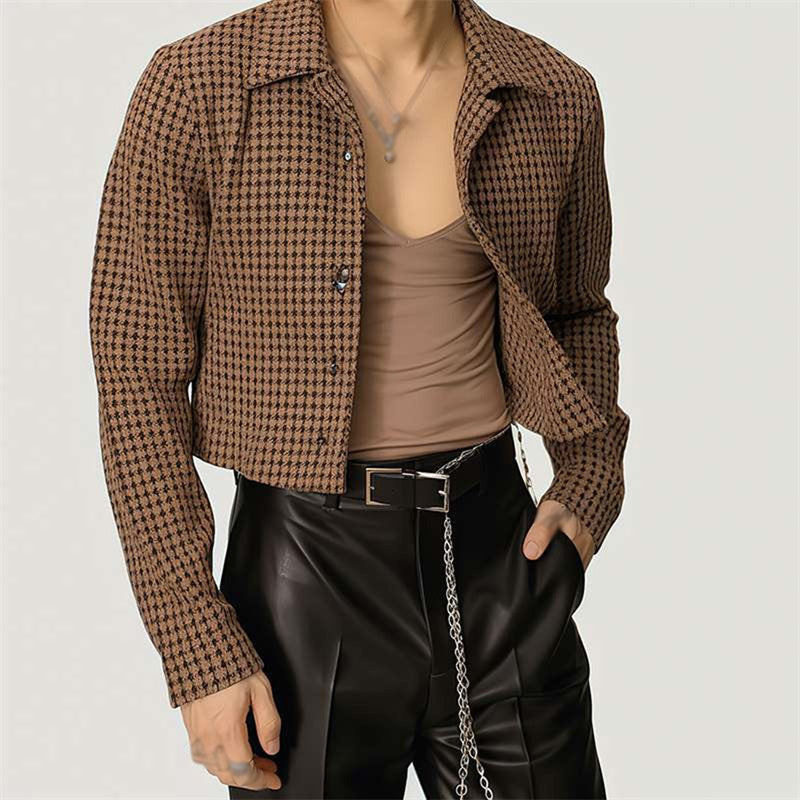 Men s Classic Plaid Print Short Jacket Lapel Collar Button Front Coat Autumn Ou image 1