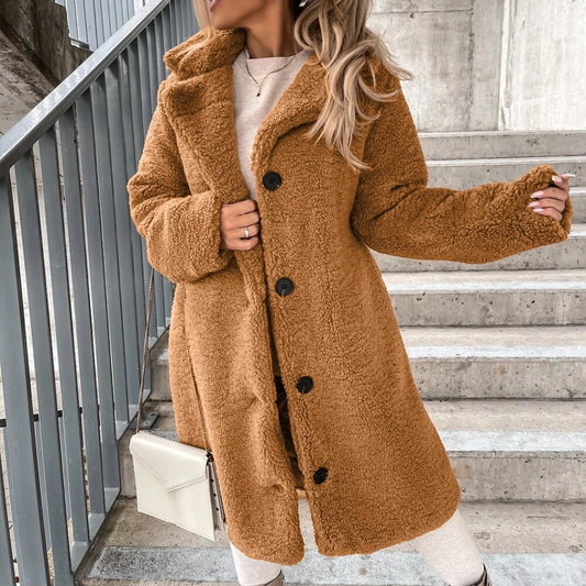 Fall/Winter New Flannel Coat Women Casual Solid Color Plush Lapel Long Sleeve J image 0