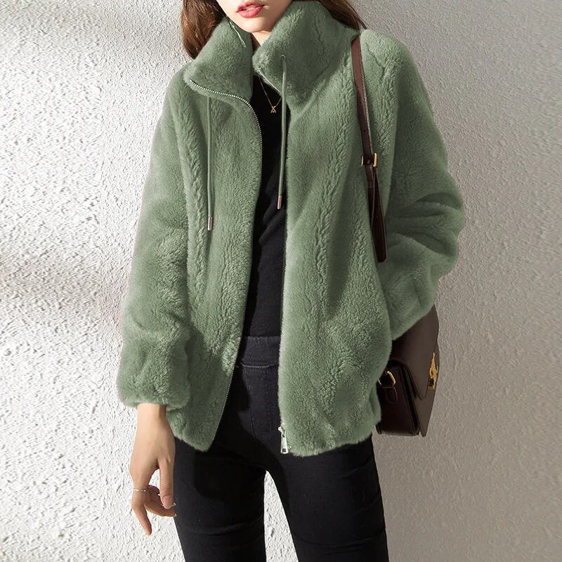 Female Winter Jacket Thickened Double-sided Velvet Stand-up Collar Warm Retro S image 6