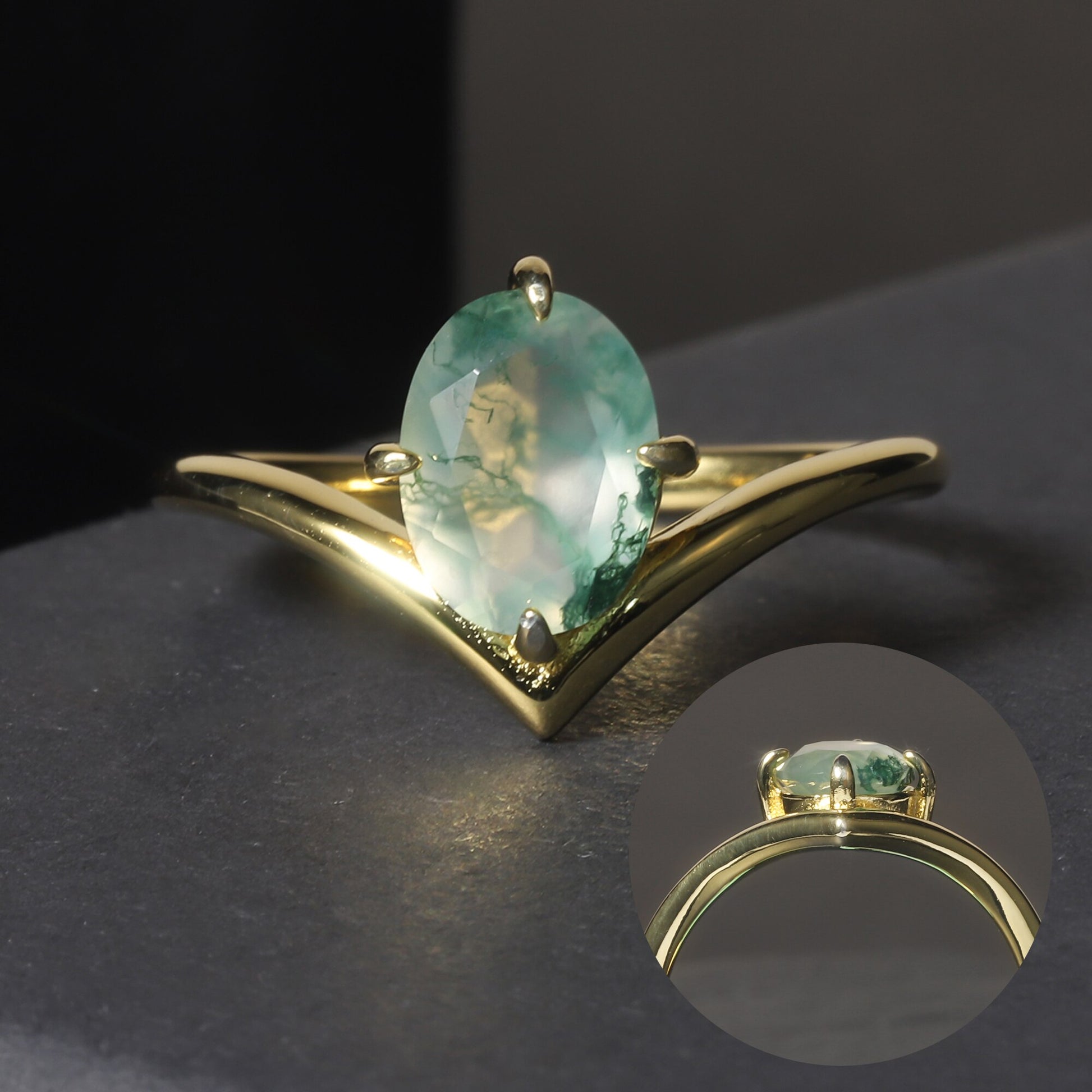 GEM'S BALLET Gold Curved Ring 1.18Ct 6x8mm Oval Natural Moss Agate image 4