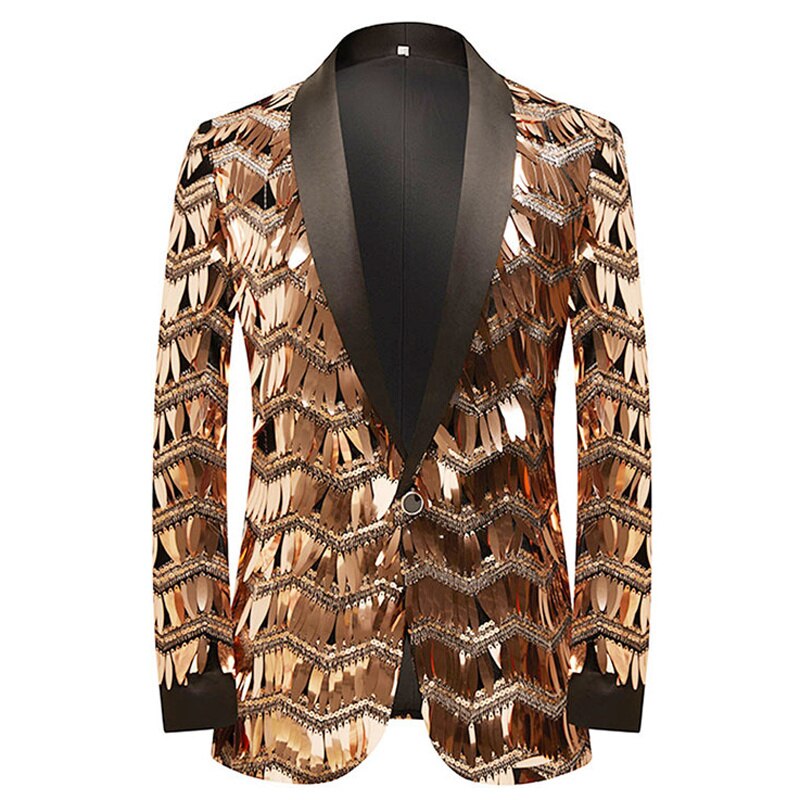 Mens Luxury Wave Striped Gold Sequin Blazer Jacket Shawl Lapel One Button image 1