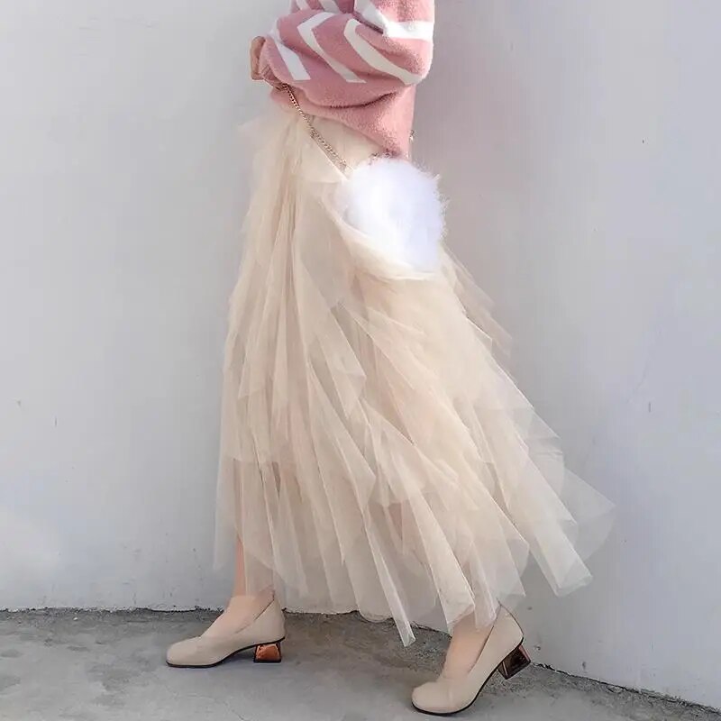 Tutu Tulle Long Maxi Skirt Women Fashion Korean Cute Pink High Waist Pleated Sk image 2