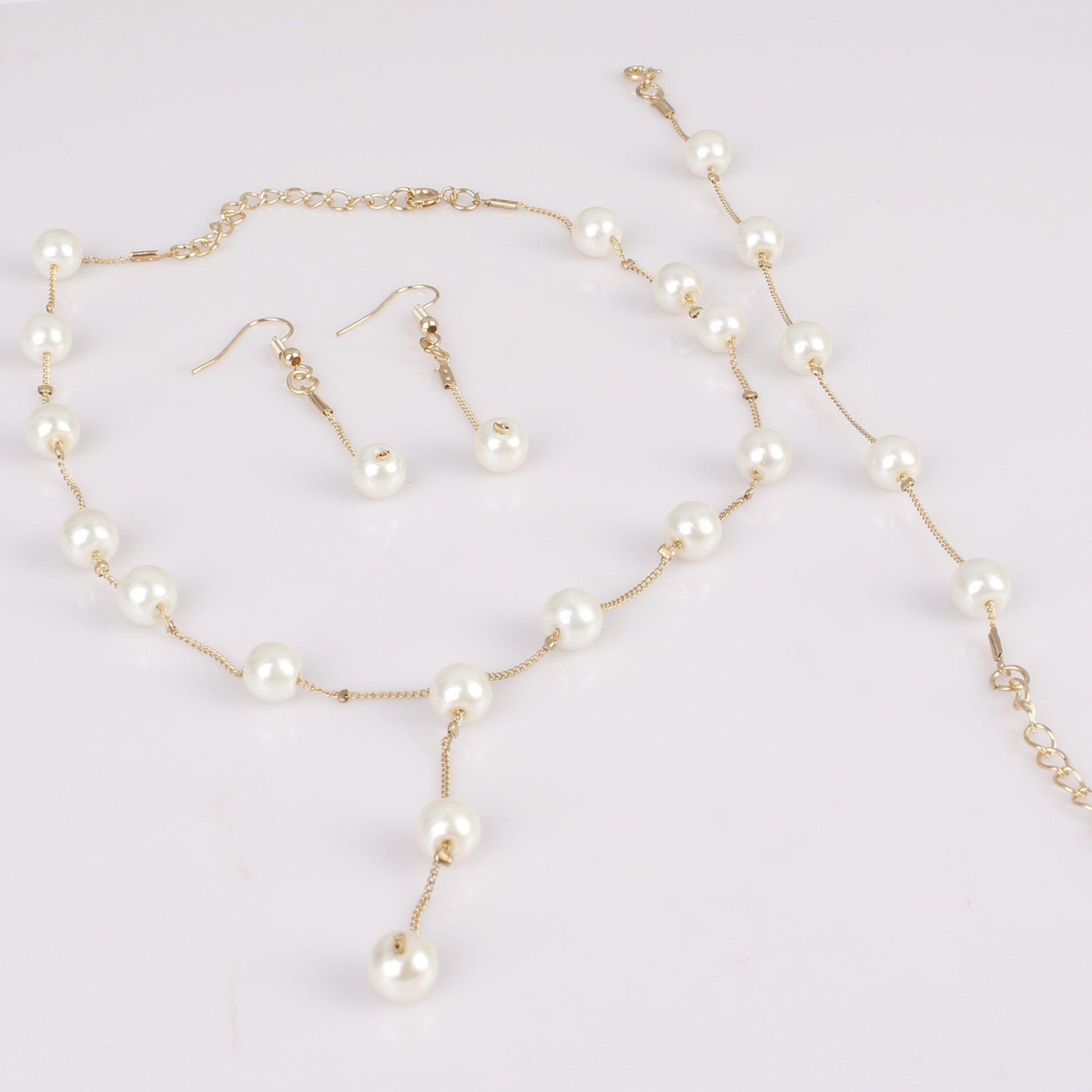 4pcs Gold-color Necklace Earring Bracelet Set Ladies Elegant Imitation-Pearls C image 4