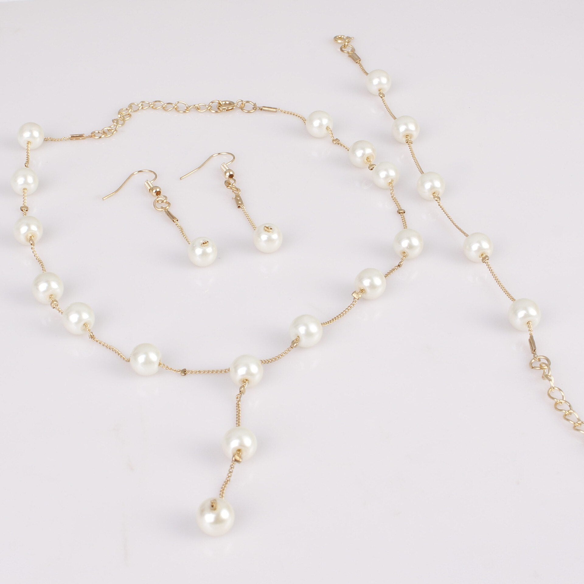 4pcs Gold-color Necklace Earring Bracelet Set Ladies Elegant Imitation-Pearls C image 4