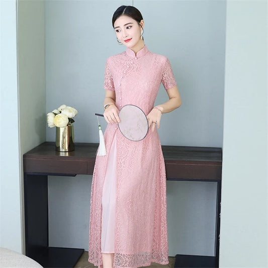 2022 News Summer Aodai Vietnam Qipao Dress for Women Traditional Clothing Lace image 0