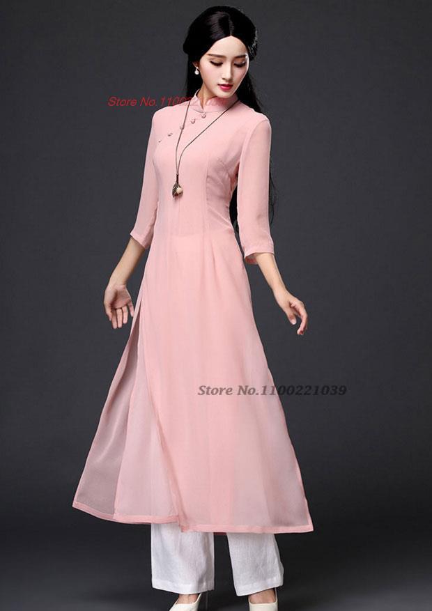 2024 traditional folk style aodai dress+pants set vietnam chiffon aodai elegant image 8