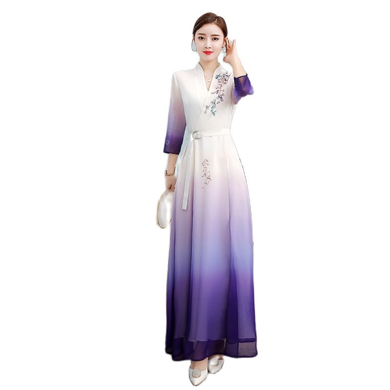 Aodai Floral Print Party Dress Oriental Women Chinese Style Cheongsam 3/4 Sleev image 4
