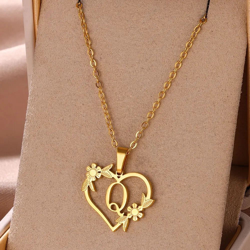 Gold Color Dainty Flower Initials Necklace Women Girl Stainless Steel Heart Let image 16