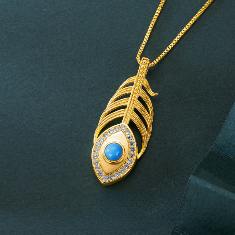 Elegant Real 14 K Gold Color Turquoise Feather Shape Necklace Chain for Women V image 3