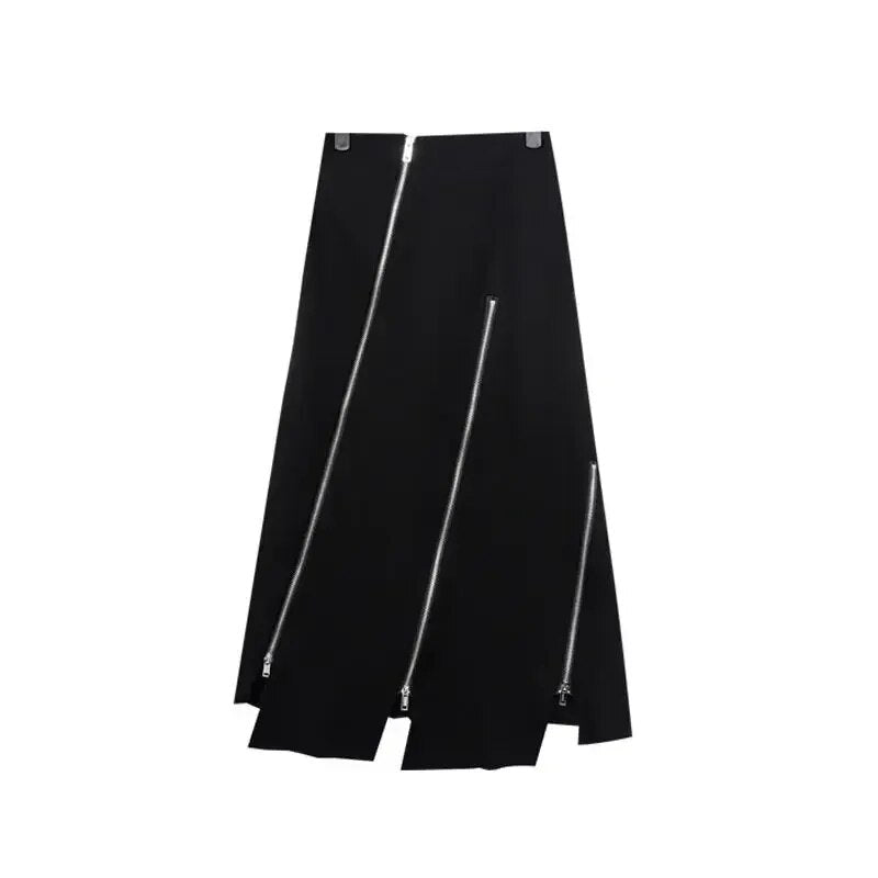 DEEPTOWN Gothic Long Skirt Women Black High Waist A-line Zipper Split Irregular image 0