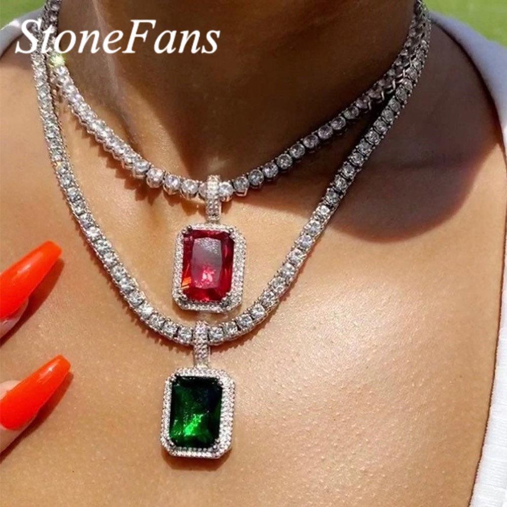 Stonefans Crystal Green Pendant Necklace Men Gold Silver Color Hip Hop Iced image 1