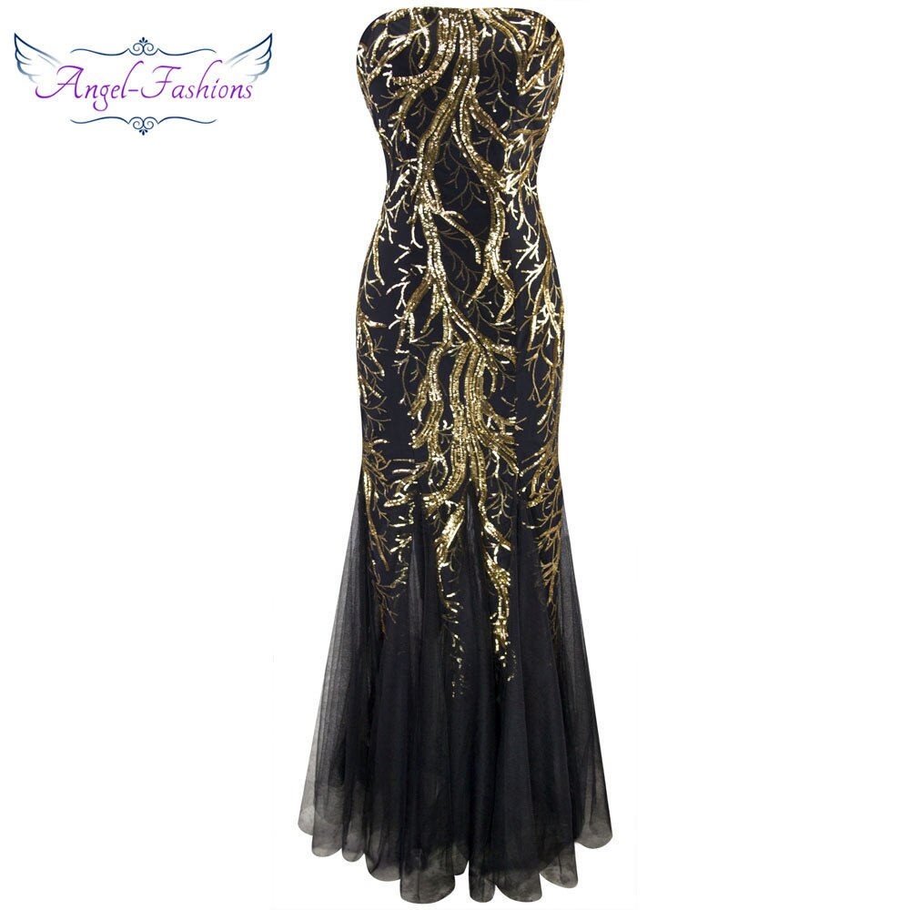 Angel-fashions Strapless Golden Branch Sequined Mermaid Full Length Formal image 4