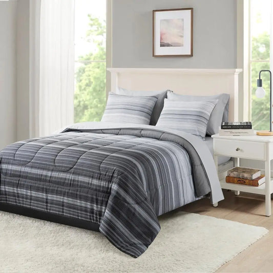 Mainstays Grey Ombre Stripe Bed-in-a-Bag King Comforter Set Polyester Reversibl image 0