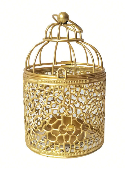 1pc Birdcage Shaped Hollow Candle Holder, Iron Gold Candle Stand For Home Decor image 0