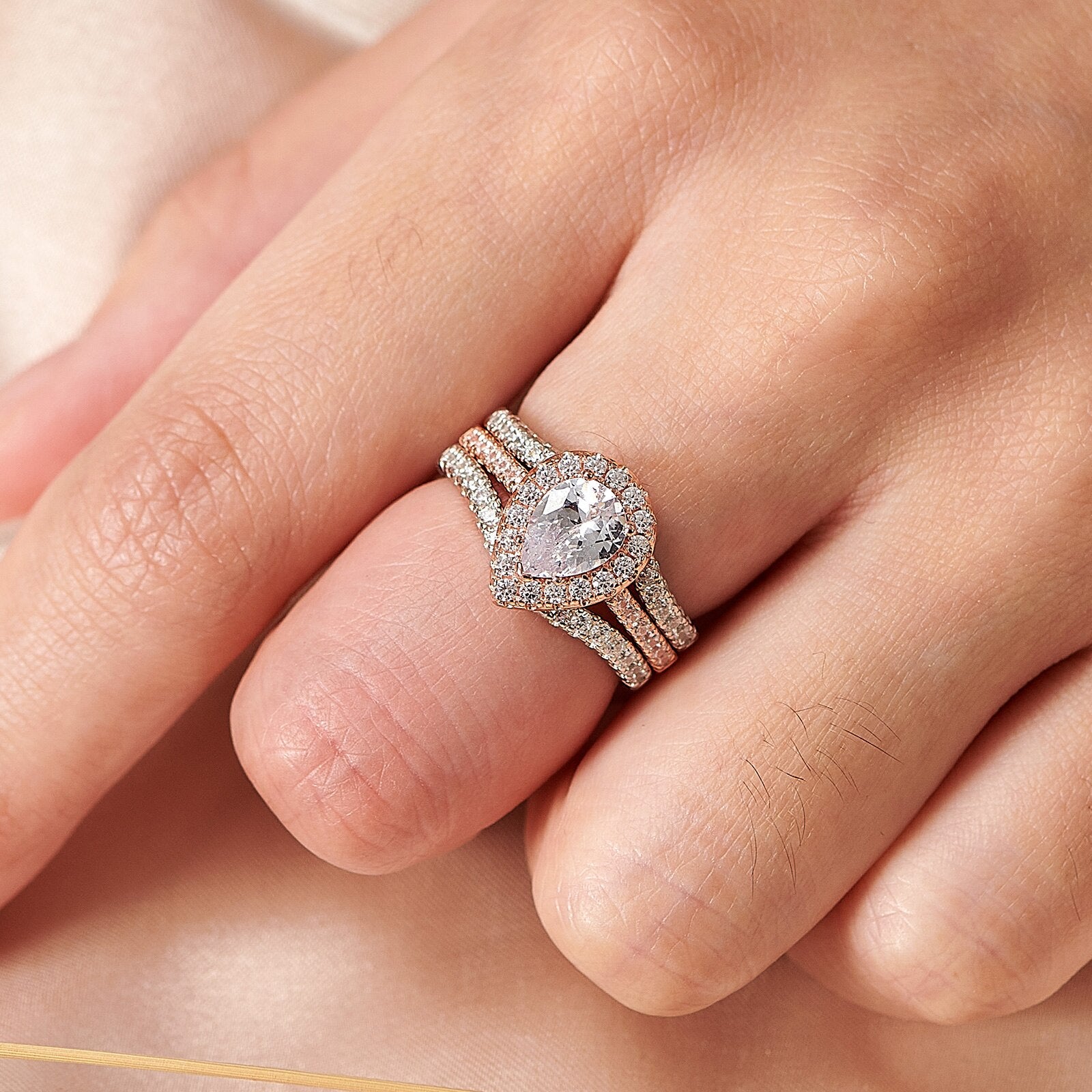 Newshe 2 Pieces Oval Pear Cut 925 Sterling Silver Rose Gold Engagement Ring image 7