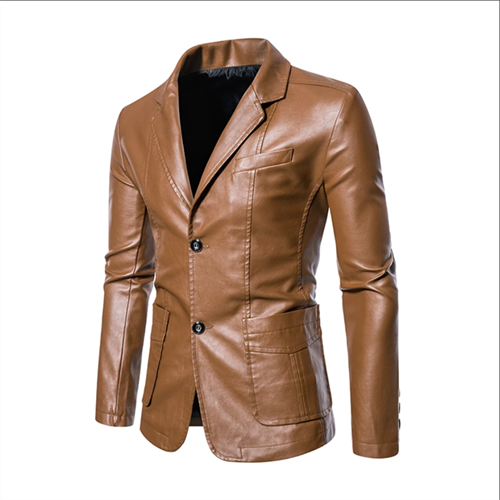 2024 New Men Business Casual Leather Jacket Black / khaki Fashion Male Suit Col image 0