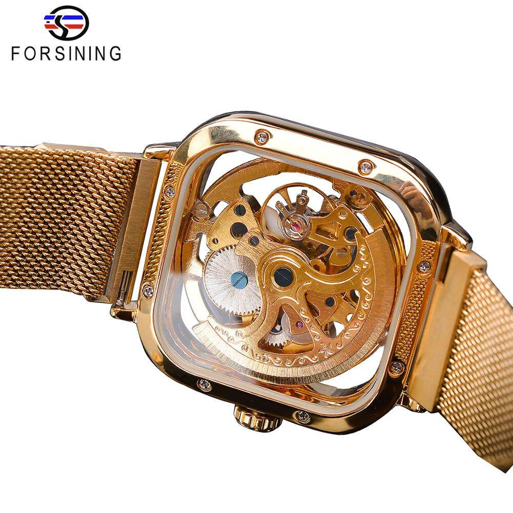 Forsining Golden Men Automatic Watch Square Skeleton Mesh Steel Band Mechanical image 6