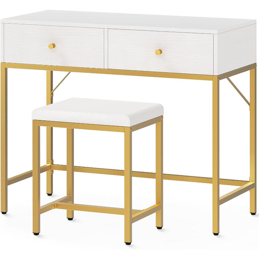 SUPERJARE 35.4" White and Gold Desk with 2 Drawers, Modern Makeup Vanity Desk w image 0