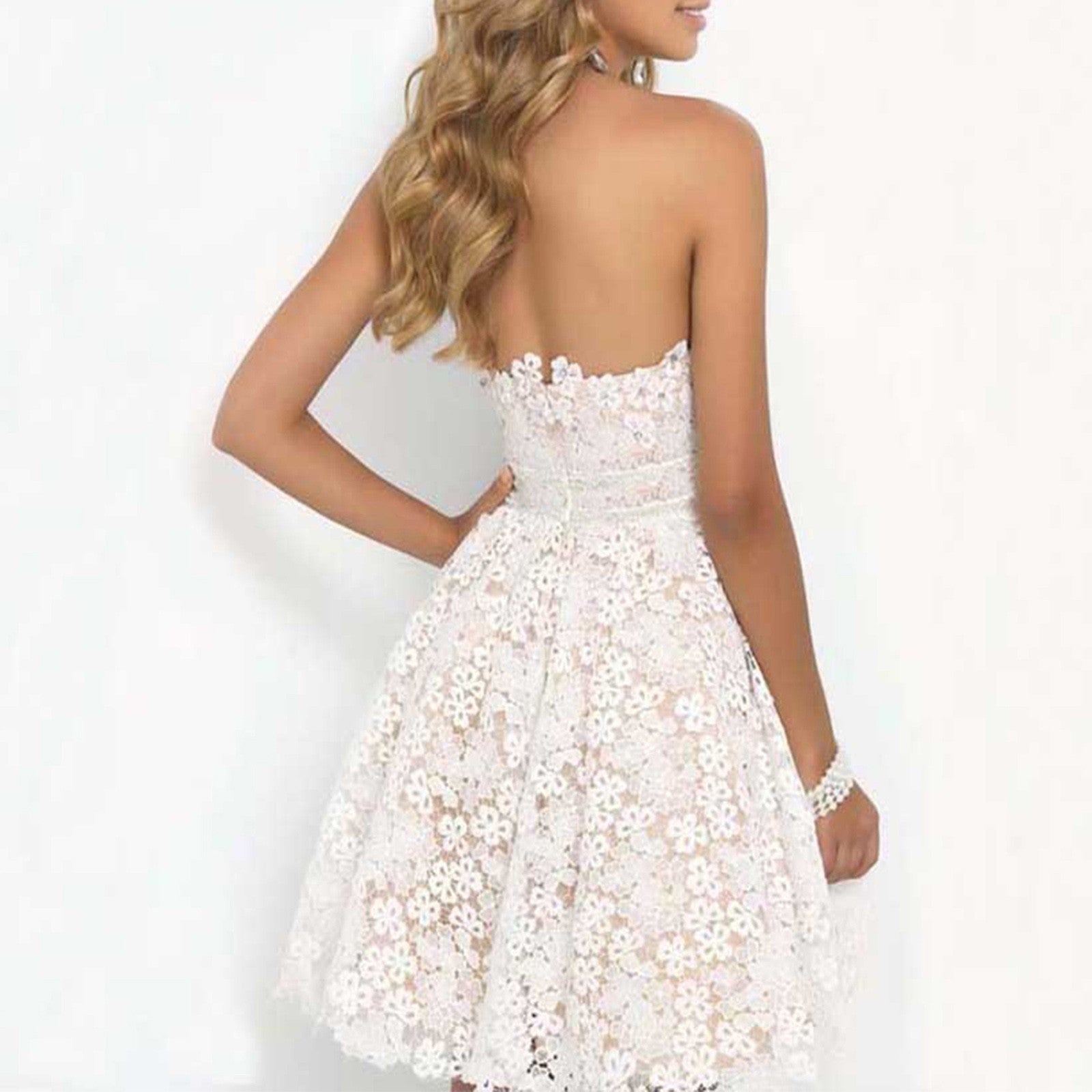Off Shoulder White Floral Lace Dress Delicate Design Elastic Waist  A-Line Dres image 4