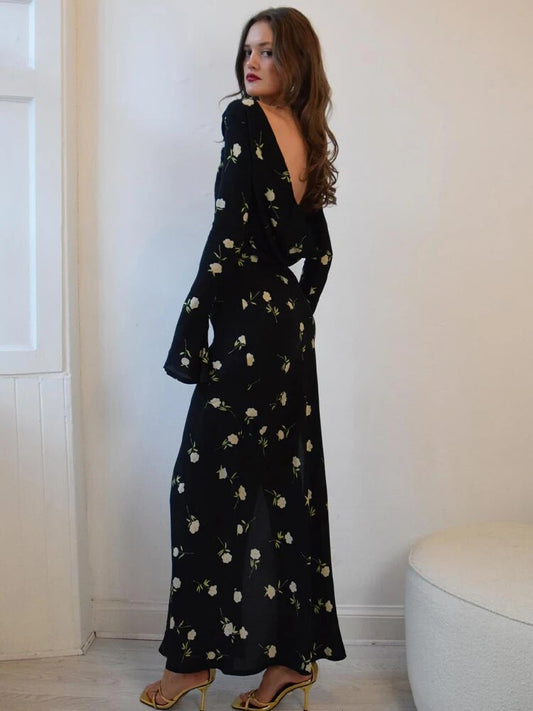 JULISSA MO Ladies Chiffon Floral Print Long Sleeve Backless Maxi Dress High Spl image 0