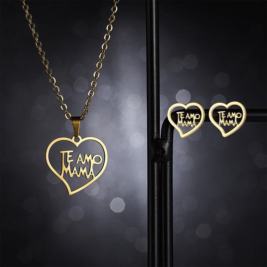 Stainless Steel Gold Color I Love MAMA Letter Necklace Earrings Set For Women H image 0