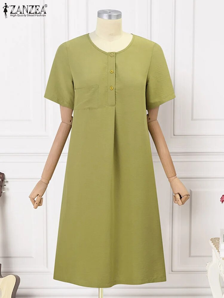 ZANZEA Women Solid Dress 2024 Summer Short Sleeve Long Robe Holiday Casual Loos image 1