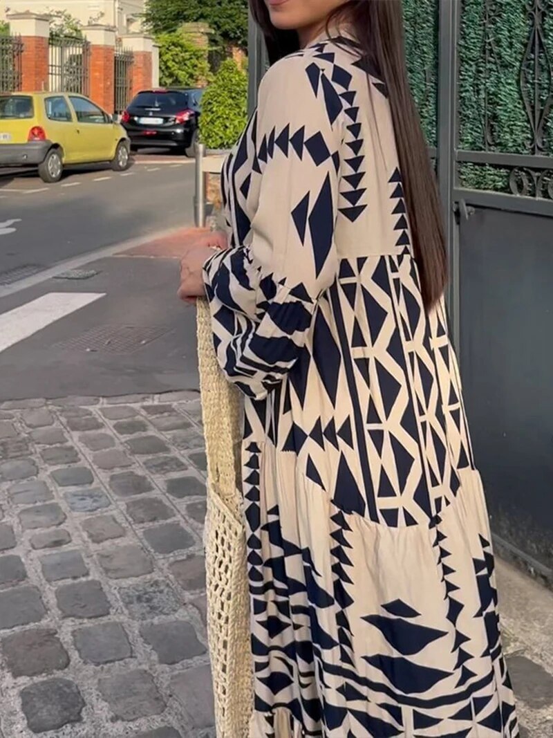 Elegant Summer Maxi Dress Women 2023 Casual Streetwear  Vintage Geometric V Nec image 5
