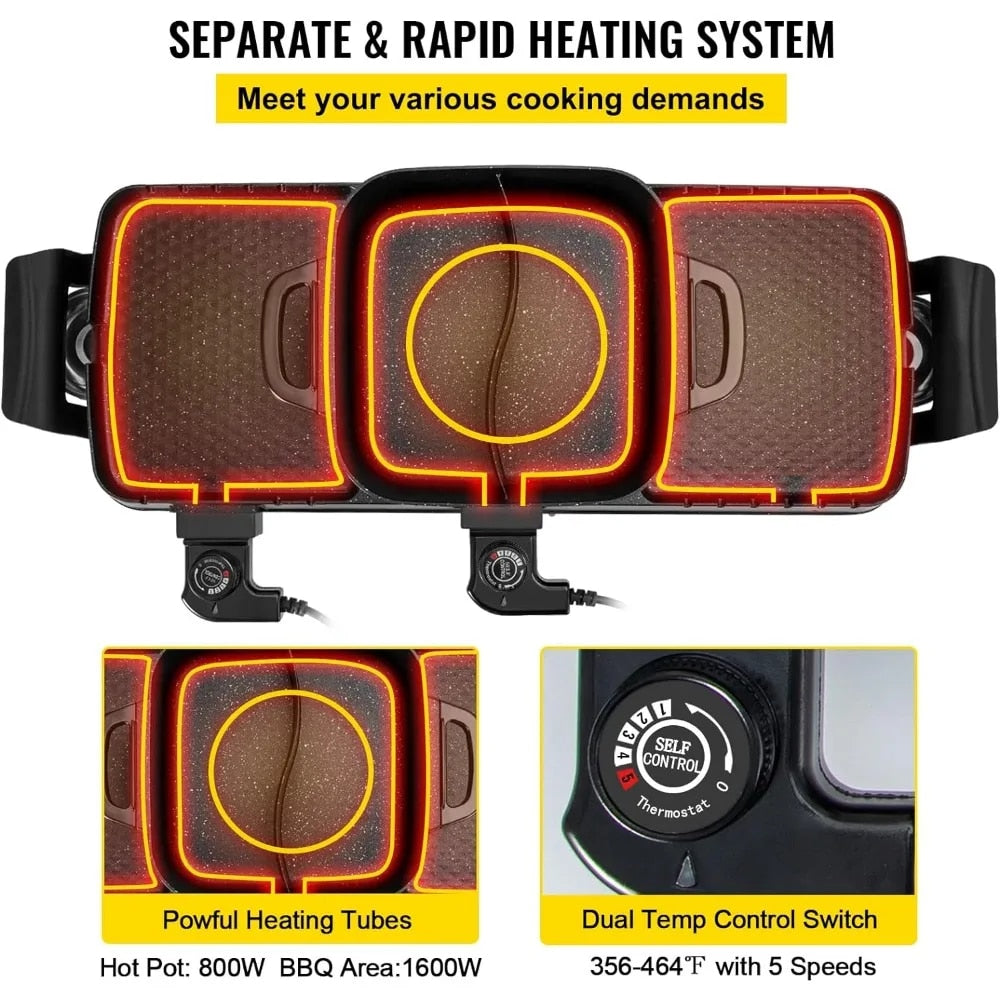Electric Grill and Hot Pot, 2 in 1 Electric Hot Pot with Dual Temp Control, Mul image 2