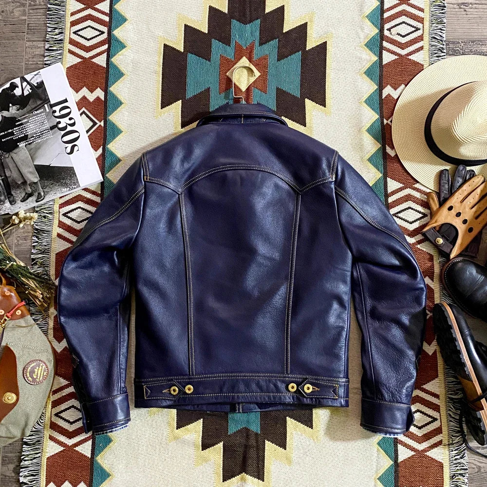 YR!Free shipping.Cuero Super slim blue genuine leather jacket.men classic casua image 3